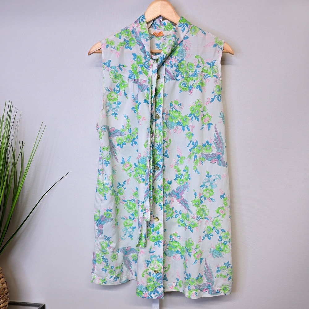 Vintage Sears Perma Prest Sleeveless Tie Neck Tunic Blouse Bird Floral Pastel XL